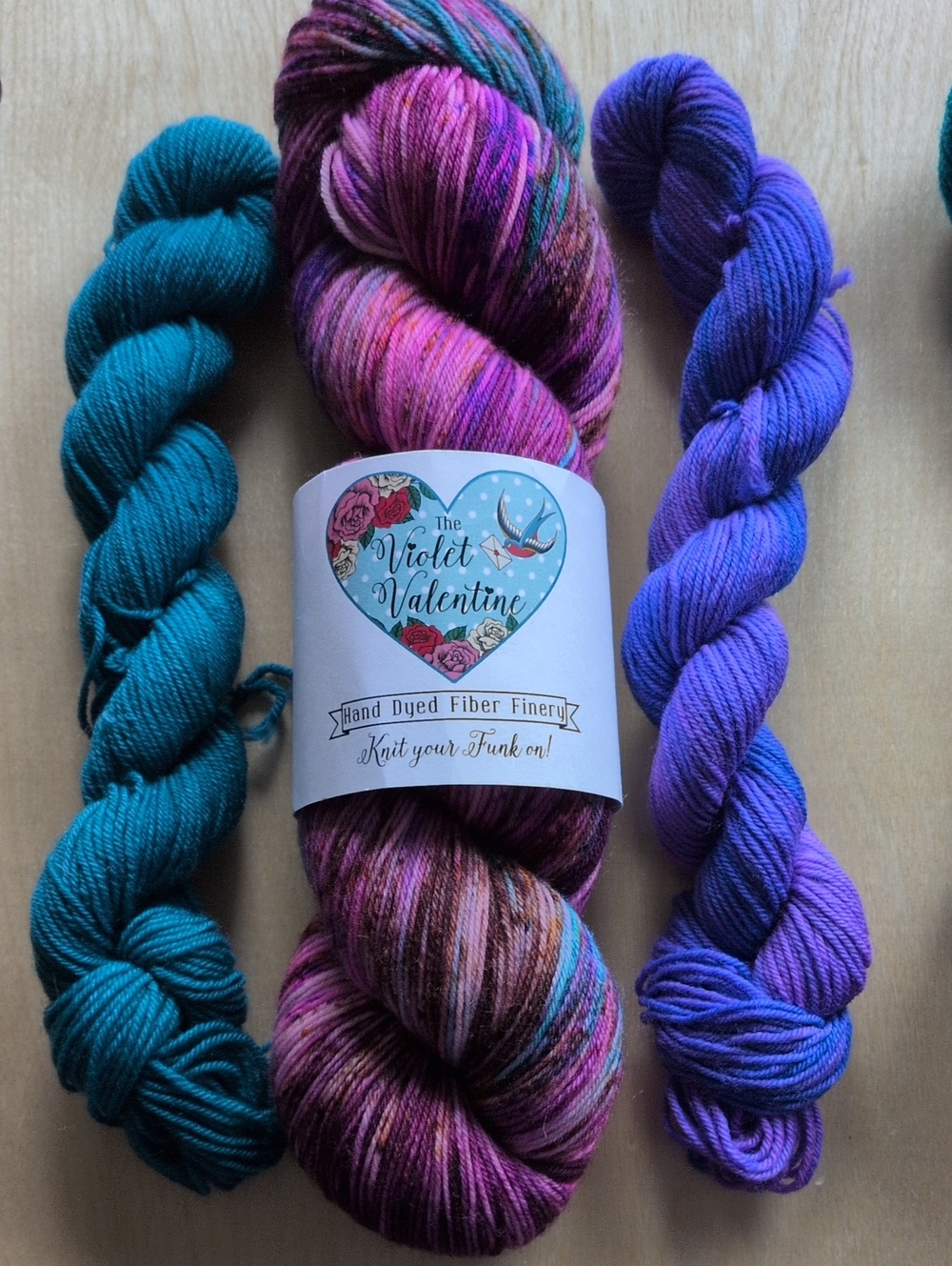 The Violet Valentine Hand-Dyed Sock Yarn Skein- & 2 Buxom Cat Knit Minis